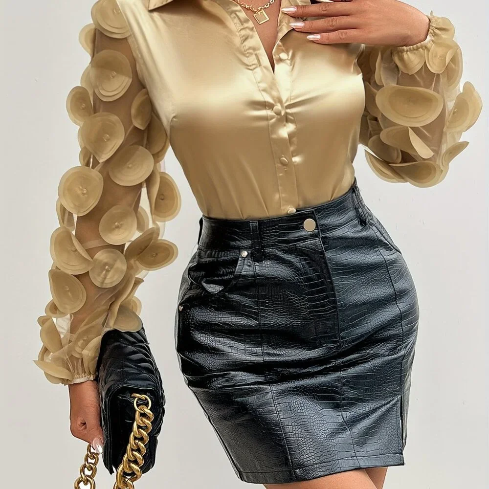 Chic Button Front Long Sleeve Blouse - Picture 4 of 7